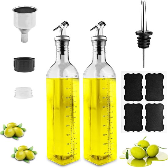 Oliefles 2 x 500 ml azijn en oliedispenser, olijfoliefles met trechter, aanslagvrij deksel, etiket, glazen fles voor keuken en BBQ (groen, 500 ml