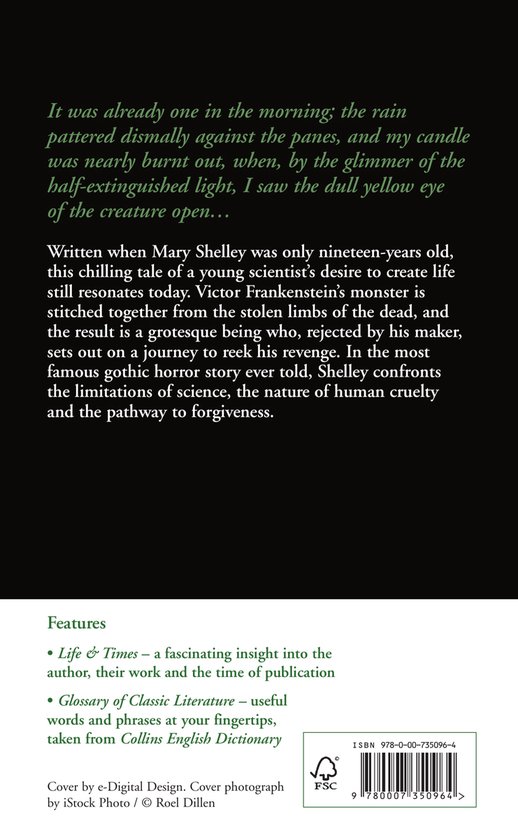 Achterkant van het boek 'Frankenstein'. Met tekst over het boek en de auteur. FSC-logo en ISBN.