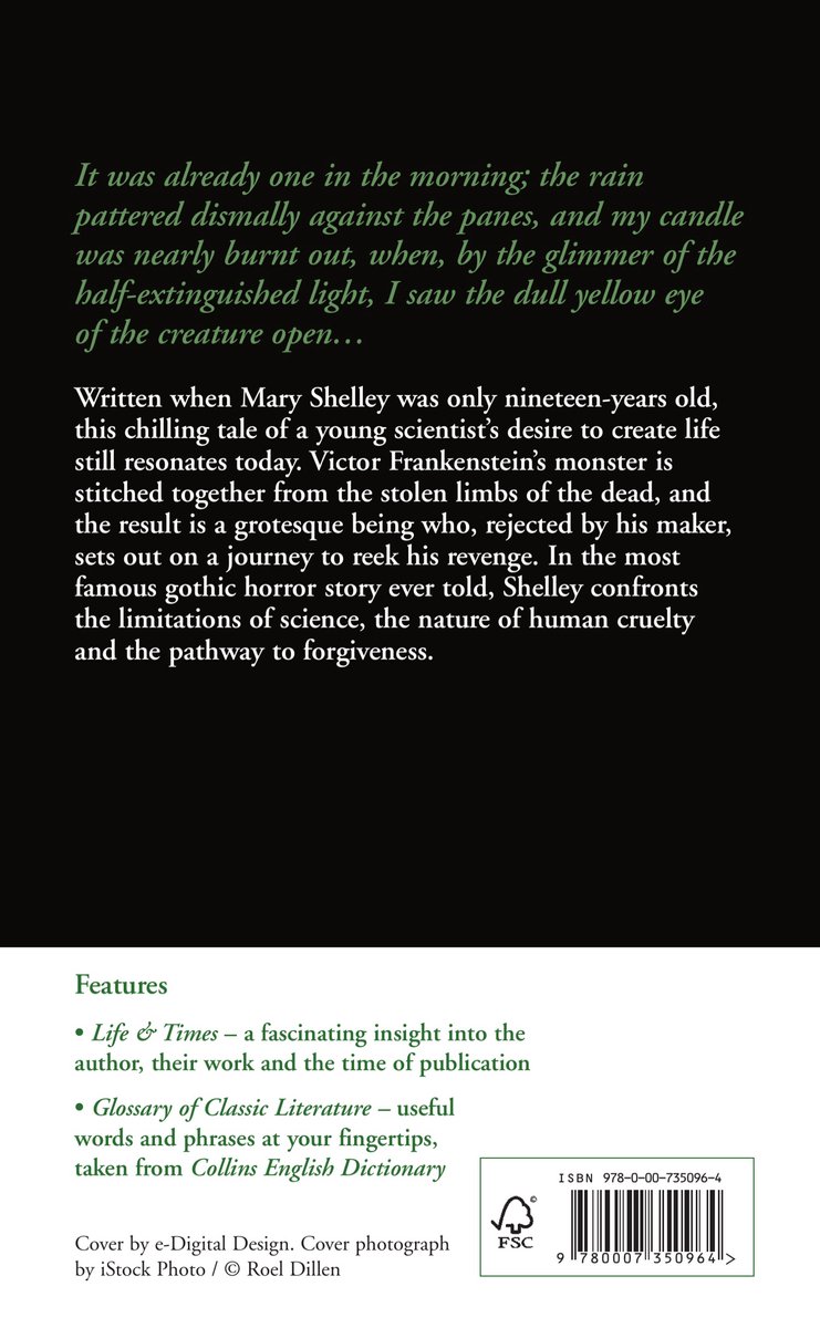 Achterkant van het boek 'Frankenstein'. Met tekst over het boek en de auteur. FSC-logo en ISBN.
