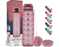 Lekro Motivatie Waterfles - Motiverende Drinkfles met Tijdmarkeringen - Met Fruit Filter - 1 Liter - BPA vrij - Rosé Goud