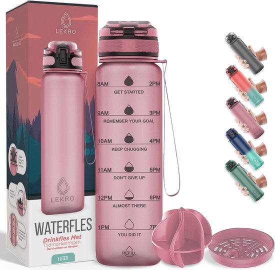 Lekro Motivatie Waterfles - Motiverende Drinkfles met Tijdmarkeringen - Met Fruit Filter - 1 Liter - BPA vrij - Rosé Goud