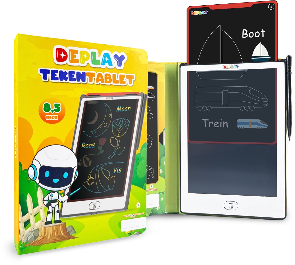 DEPLAY Tekentablet - 8,5 inch - Educatief Speelgoed - LCD Tekentablet - Kindertablet - Teken Tablet Kinderen - Tekentablets - Eerste Woordjes Leren - Drawing Tablet - Schrijfbord - Tekenbord - 3 tot 8 jaar - Geel Wit - STEM Speelgoed