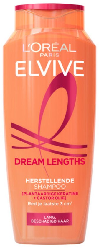 Oranje fles L'Oréal Elvive Dream Lengths shampoo met roze logo en witte tekst.