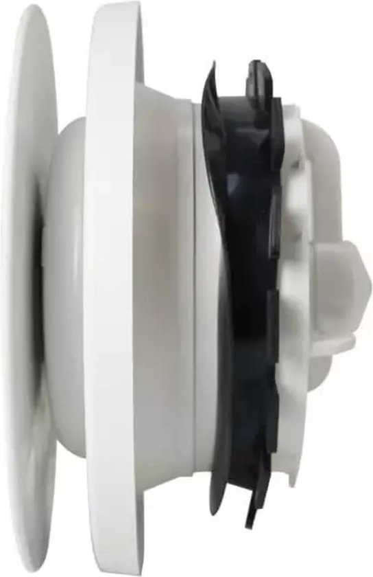 Zijaanzicht van het witte Zehnder Comfovalve ventilatieventiel met zwarte lamellen.
