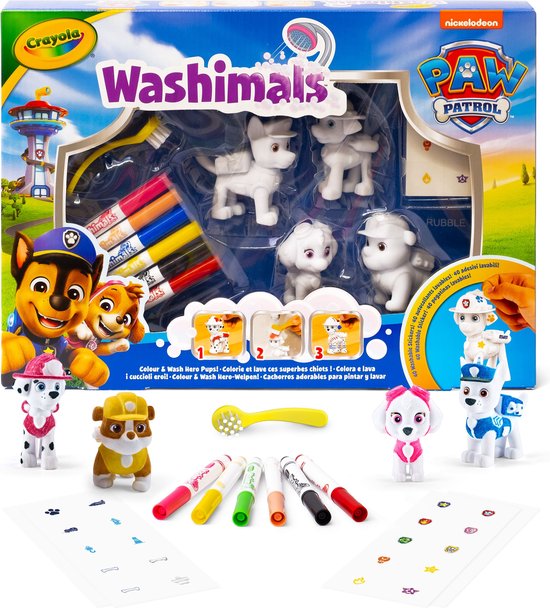 Paw Patrol Washimals hobbypakket met 4 wasbare puppy's, stiften, borstel en stickers.
