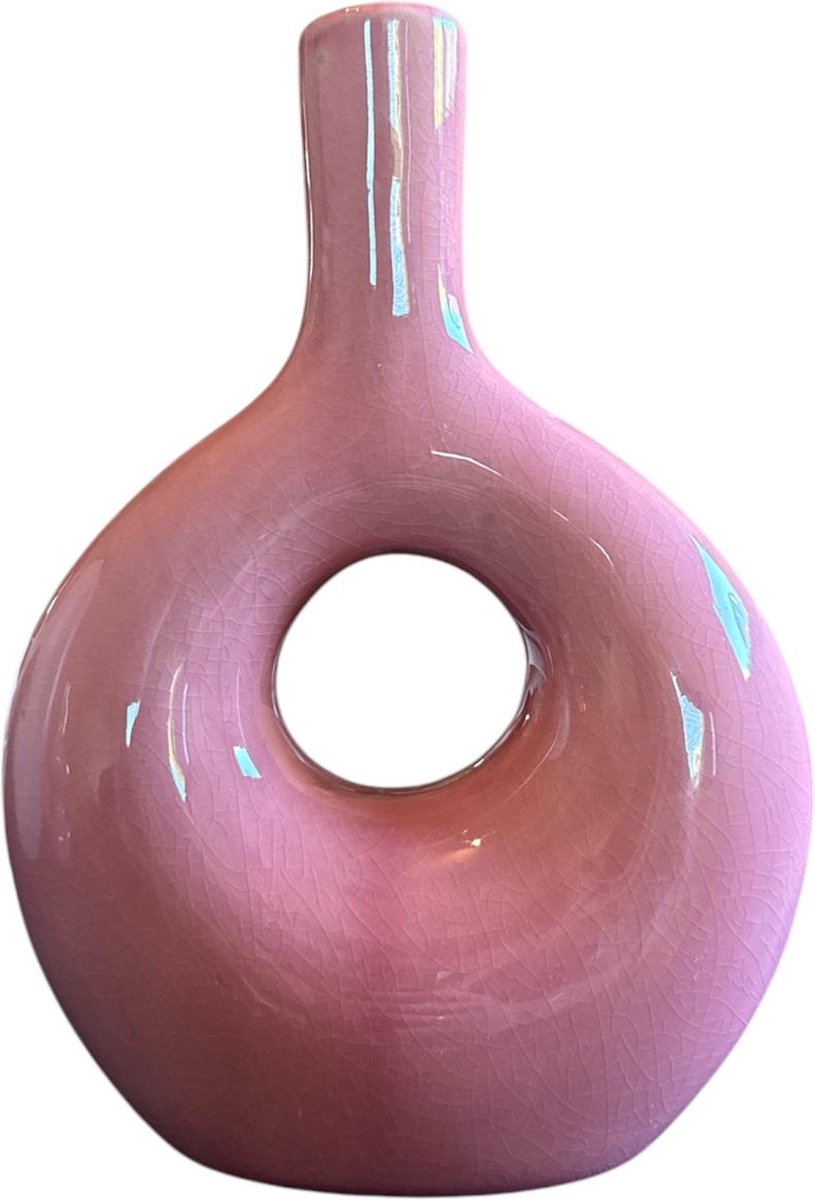 homebound by ky Aardewerk donut vaas pink/roze | roze vaas met gat | roze vaas | 18x8x25,5cm