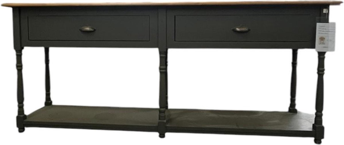 landelijke houten dressoir met bolpoten en lades - taupe/groen met bruin gebeitste blad - 180 cm