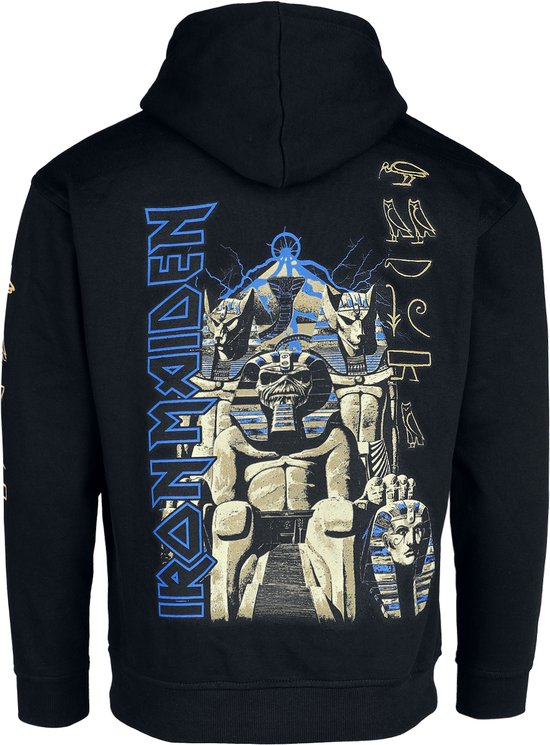Zwarte hoodie met 'Iron Maiden Powerslave' grafische print op de rug, inclusief farao en hiëroglyfen.