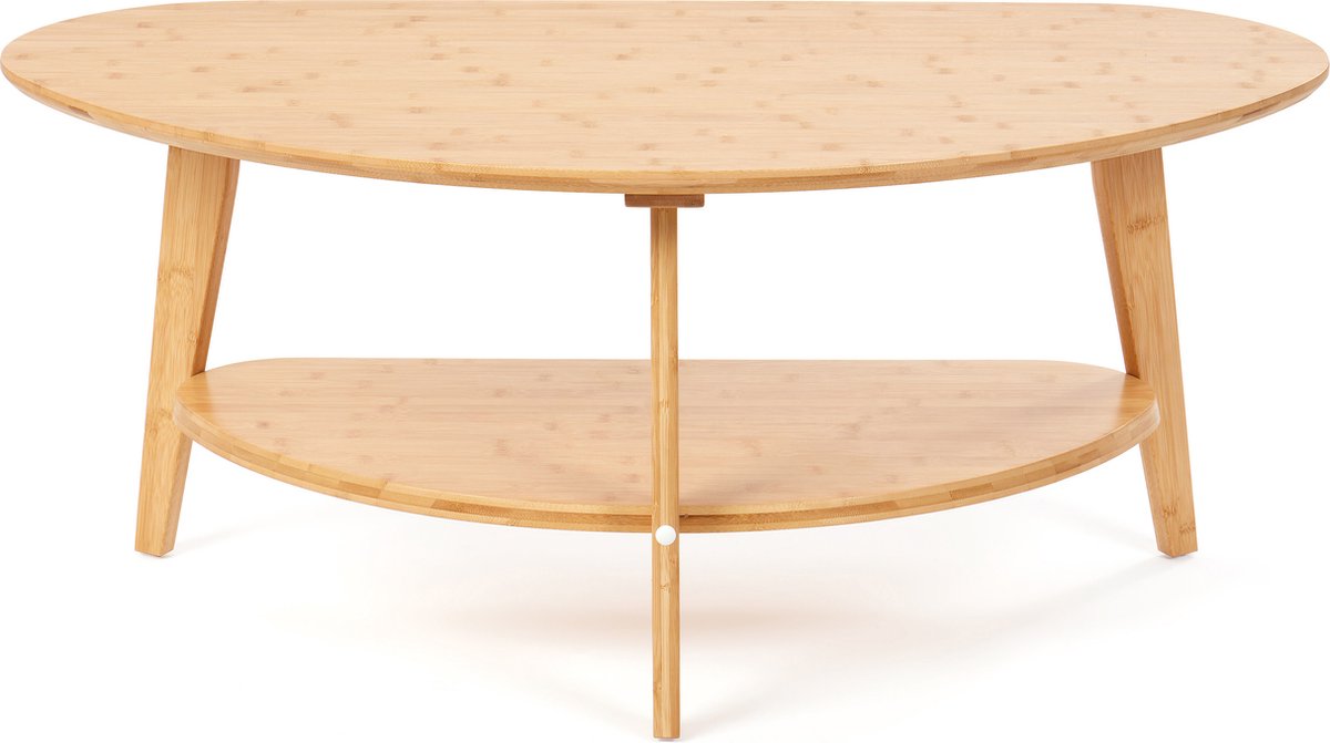 need&wants® salontafel 100% bamboe ovaal halfrond, woonkamertafel naturel hout, salontafel driepoot met plank opbergruimte