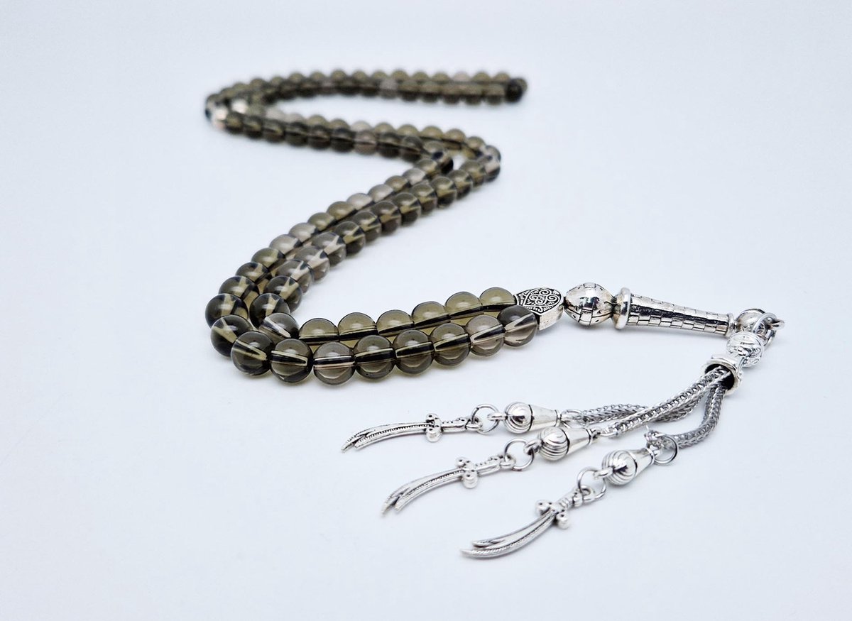 Handgemaakte tesbih "Tasbih" natuursteen " Rookkwarts" - Aantal kralen 99 - Diameter kralen 8MM - met metaal tassel "Zwaarden" - Een mooi cadeau-idee