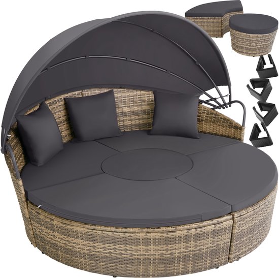 tectake® Zonne eiland Santorini - Loungebed voor 2 Personen - Multifunctioneel Ligbed met Zonnescherm - Vrij in te delen Tuin Ligstoel - UV- en Weerbestendig - Inclusief Kussens - Beige/Grijs