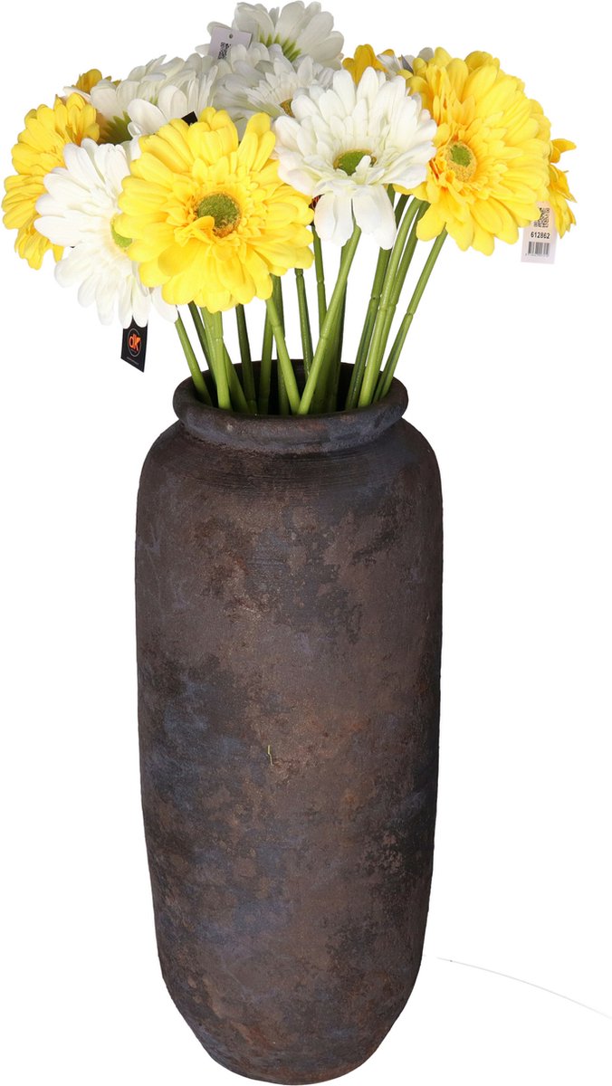 DK design Kunstbloemen boeket Gerbera - 8x - 72 cm - geel/wit - real touch - kunst zijdebloem