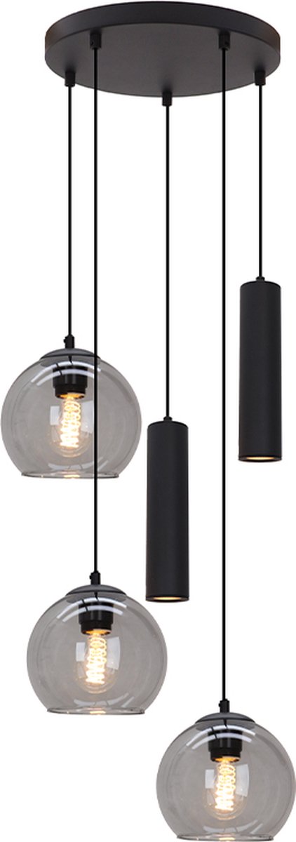 Olucia - GIANNI - Hanglamp - Zwart / Grijs - 5L - Vorm: Rond