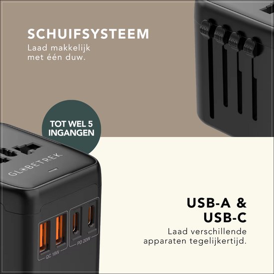 GlobeTrek® Wereldstekker - Reisstekker - Fast Charging - 2 USB-C & 2 USB-A - Universele Wereldstekker voor 170+ Landen: Amerika (USA), Engeland (UK), Australië, Zuid Amerika, Azië, Afrika, Europa - Wereldstekkers - Zwart