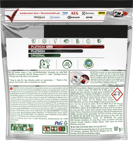 Arrière des tablettes pour lave-vaisselle Dreft Platinum Original avec ingrédients et instructions d'utilisation.