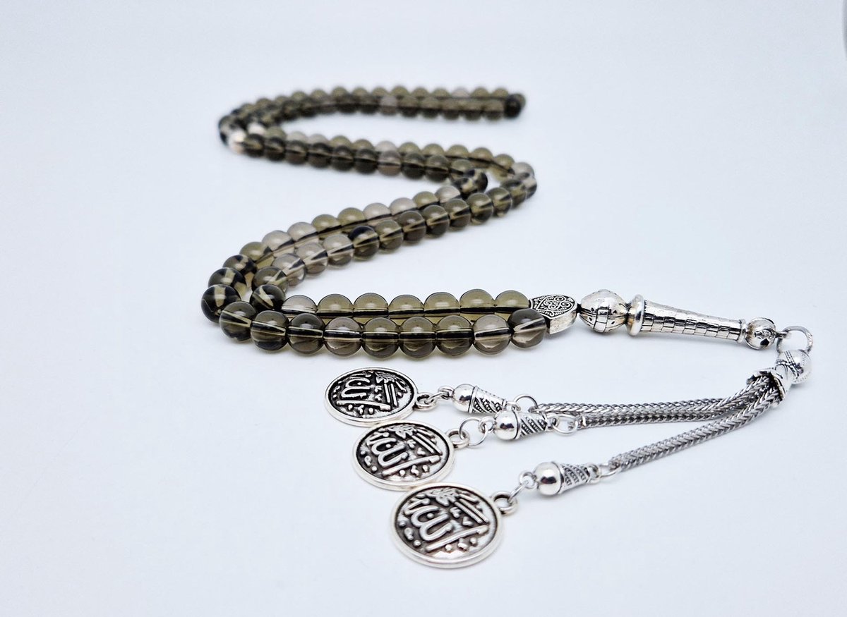 Handgemaakte tesbih "Tasbih" natuursteen " Rookkwarts" - Aantal kralen 99 - Diameter kralen 8MM - met metaal tassel "Allah jala jalaluh" - Een mooi cadeau-idee