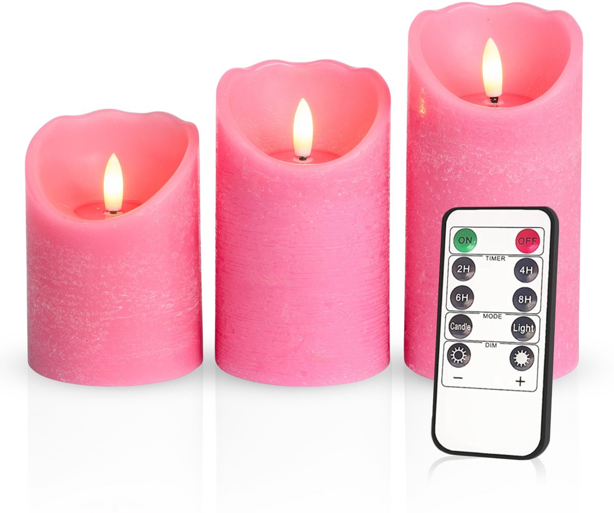 Meisterhome – 3 x Led Stompkaars Rustiek - Roze – Stompkaars Echte wax – Led kaarsen - 10 / 12.5 / 15 cm Hoog - Met afstandsbediening – Timer 2/4/6/8 uur - Dimbaar