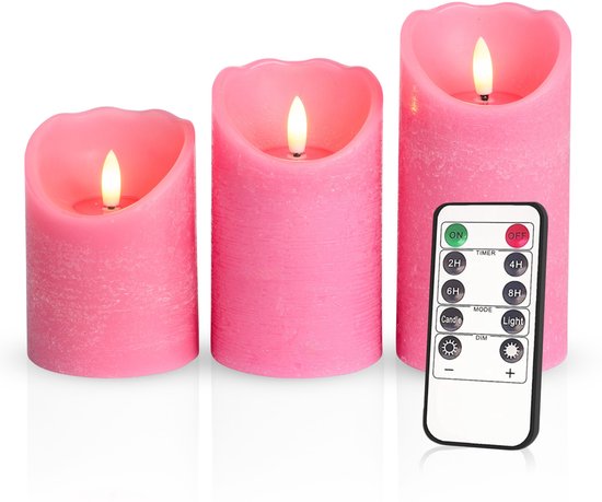 Meisterhome - 3 x Bougie Pilier LED Rustique - Rose - Bougie Pilier Cire véritable - Bougies LED - 10 / 12,5 / 15 cm de Haut - Avec télécommande - Minuterie 2/4/6/8 heures - Intensité variable