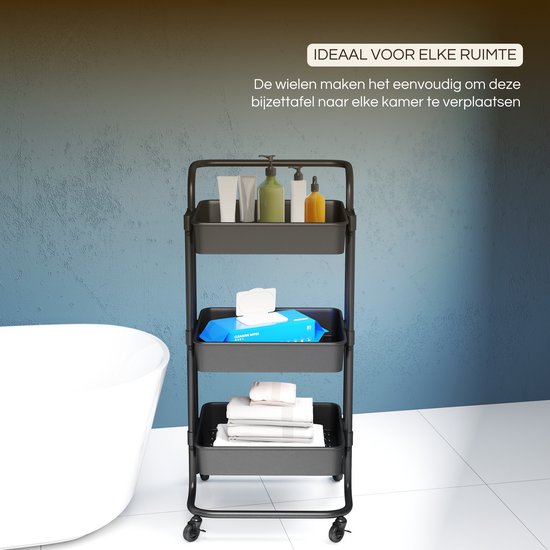 O'DADDY® Keukentrolley op Wieltjes - Serveerwagen - Keukenrek Zwart - Keukeneiland staand - Opbertrolley - Roltafel - Opbergkar - Keukentrolleys met Manden - Verrijdbaar en Vast - 3 Lagen - 3 Manden - 86 x 43 x 36 cm