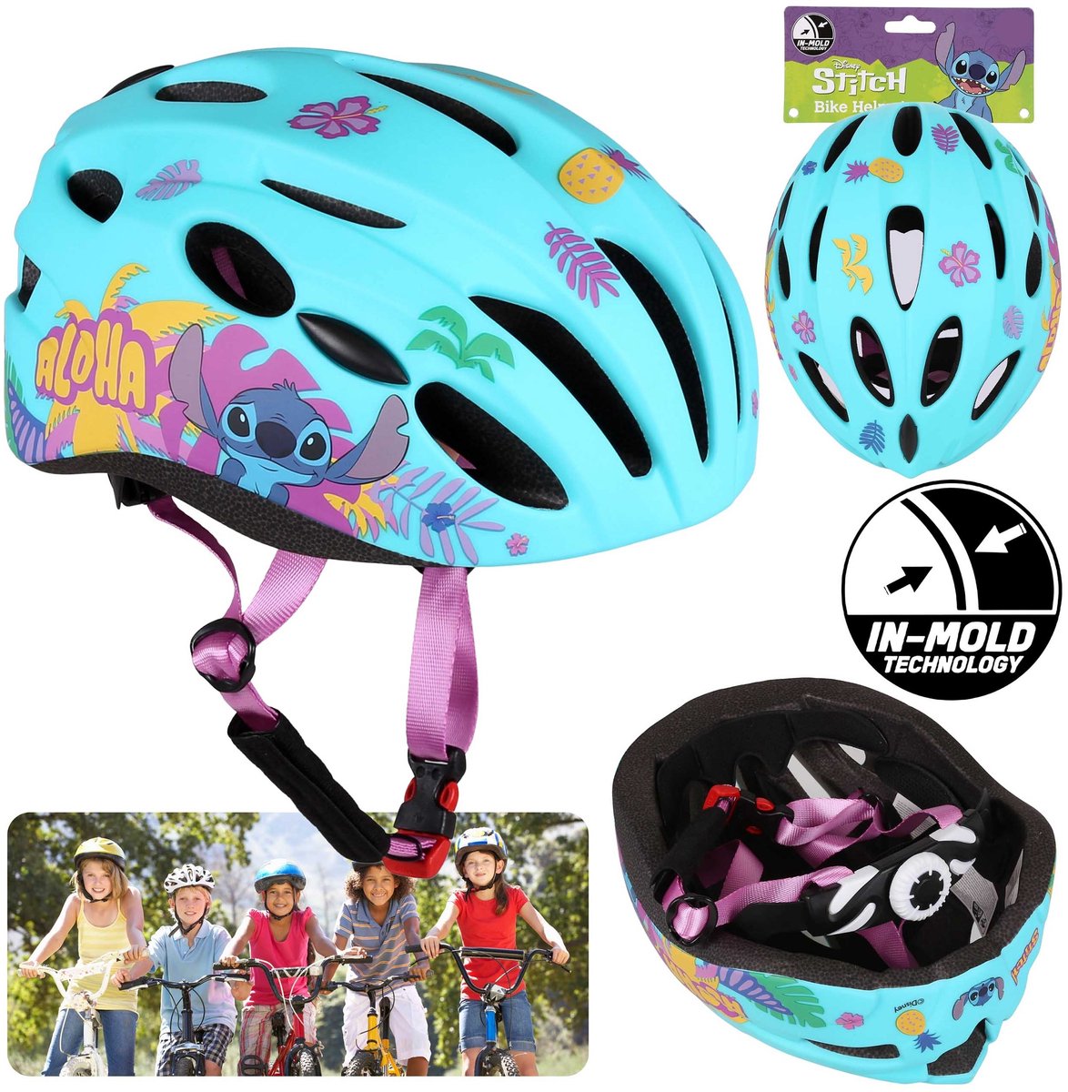 DISNEY Stitch Turquoise IN-MOLD kinderfietshelm, meisjes, verstelbaar 52-56 cm