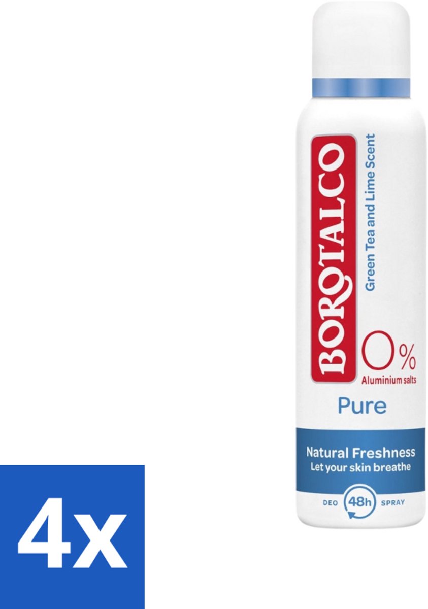 Borotalco - Deodorant Spray - Pure - Natural Freshness - Green Tea & Lime - 0% Aluminium Salts - 150 ml - Voordeelverpakking - 4 stuks