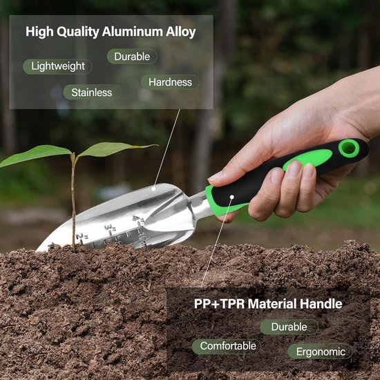 Ensemble d'outils de jardin Candala, outil de jardin, 7 pièces, en acier inoxydable, outil à main de jardin avec sécateur de jardin, râteau de jardin, trois pelles à planter, désherbeur, sac à main, cadeau de jardin pour le jardinage
