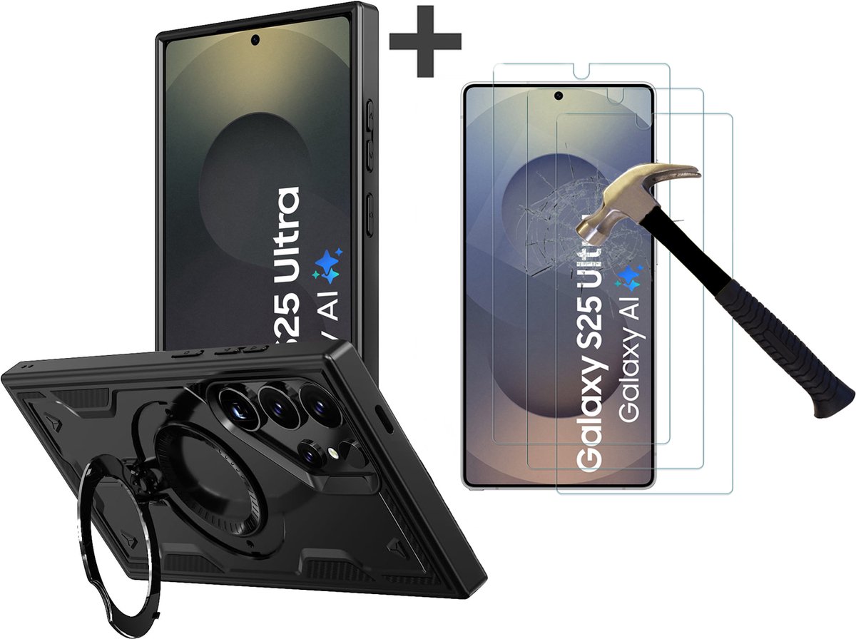 Hoesje Geschikt voor Samsung Galaxy S25 Ultra met 3 Stuks gehard glas Screenprotectors - Armor hoes met Ringhouder - Arara backcover - Zwart