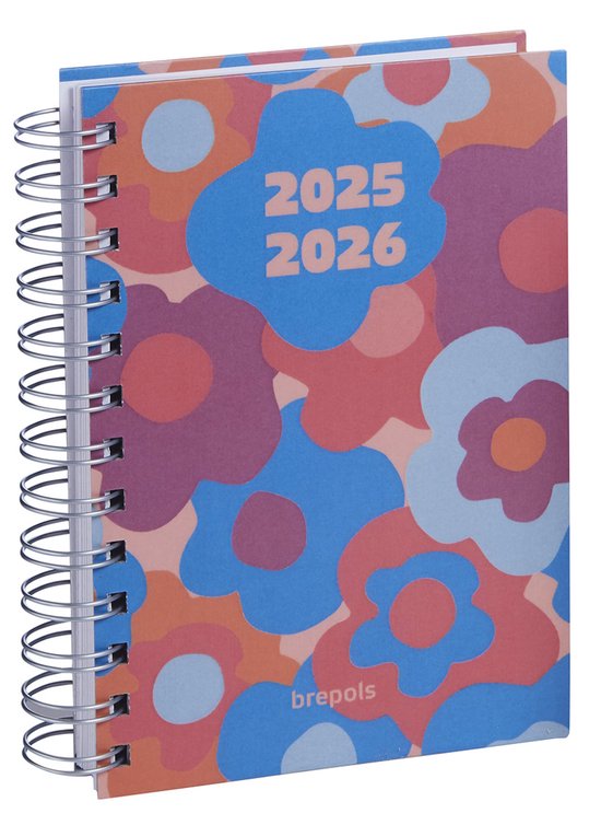 Brepols agenda 2025-2026 - HAPPY - Schoolagenda - 1 dag per pagina - Wire-O - Dagoverzicht - Blauw-Roze - 11.5 x 16.9 cm