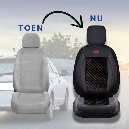 Housses de siège de voiture pour Volkswagen T-Roc 2017 sur mesure| Ensemble de 2 pièces | Siège conducteur + passager série AIS | AIS101 | Zwart avec coutures rouges