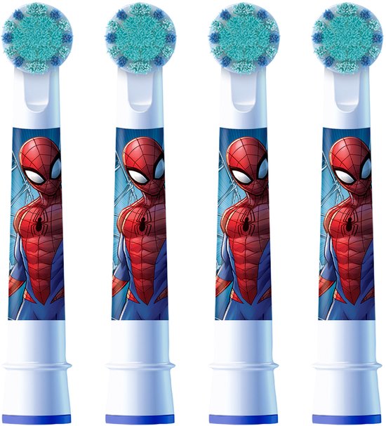 Vier Oral-B Pro Kids opzetborstels op een rij met Spider-Man afbeeldingen.