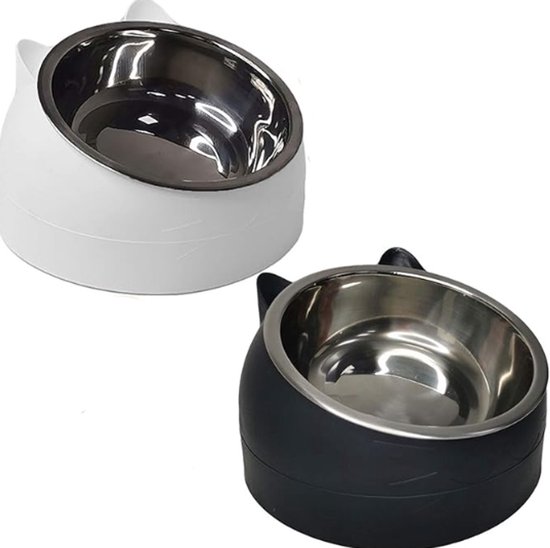 2 stuks - voerbakjes voor katten - Voerbak Hond - zwart,wit - 200 ml - Drinkbak Hond & Kat - RVS - Met kattenkopjes vorm
