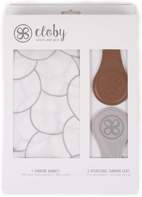 Chiffon multifonction Cloby - blanc et gris - avec clips magnétiques en cuir marron assortis