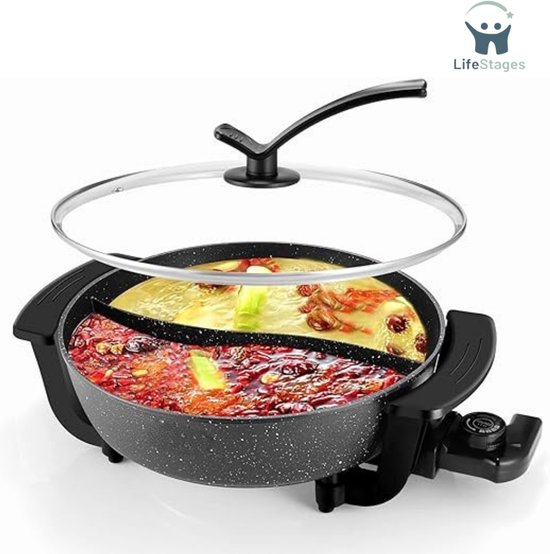 LifeStages - Hotpot Electrisch - Elektrisch Met Verdeler - Anti-Aanbak - Shabu Shabu Pan - 6 Liter