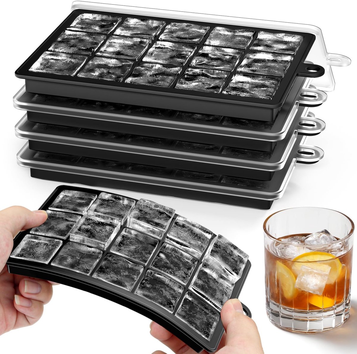 Unyqoos ® IJsblokjesvormen van Flexibel Materiaal, Set van 4 Met Deksel voor Drankjes en Meer