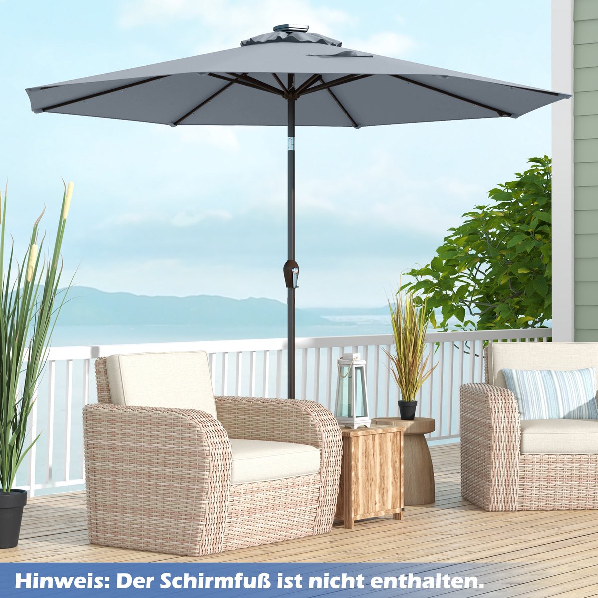COSTWAY Parasol 300 cm met led-verlichting, parasolvoet niet inbegrepen, tuinparasol met zwengel, aan beide zijden 30° knikbaar, terrasparasol met 8 ribben, marktscherm voor tuin, balkon (grijs) – foto 6