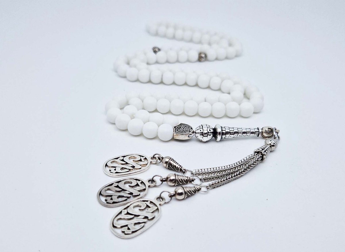Handgemaakte tesbih "Tasbih" natuursteen "Mat Witte agaat" - Aantal kralen 99 - Diameter kralen 8MM - met metaal tassel "Yarab" - Een mooi cadeau-idee