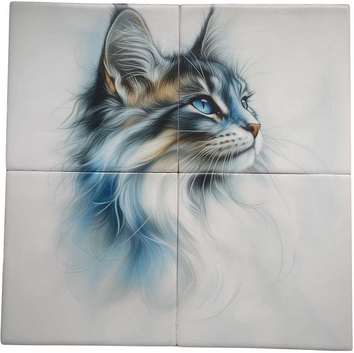 MadDeco Nederlands fabrikaat Mainecoon op plateau van 4 tegels Friese Witjes 13 x 13 cm per tegel