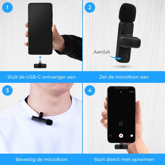 Guide étape par étape : connecter le récepteur USB-C au téléphone, allumer le micro, attacher le micro, commencer l'enregistrement.