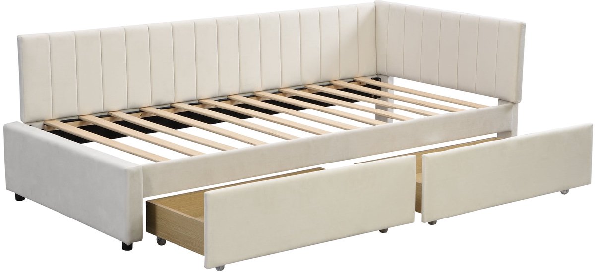 Merax Slaapbank 90x200 - Beige Fluweel - Bed met 2 Opberglades en Lattenbodem