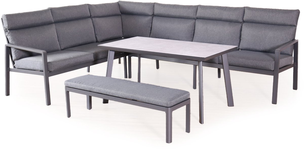 Relexo | Loungeset Hoekset Dining Set Tuinset | Aluminium | Hoekbank, Hoge Tuintafel, Zitbankje | 7 Zitplaatsen