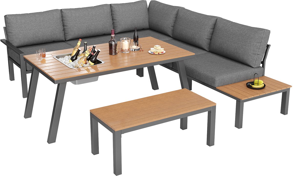 6-7 persoons Tuinset met verzinkt ijzeren frame, moderne eetgarnituur met ijsemmer, weerbestendig