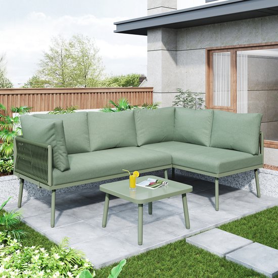 L-vormige Tuinset met verzinkt ijzeren frame, groene touw loungeset met kussens, verstelbare poten, 2 banken en 1 tafel