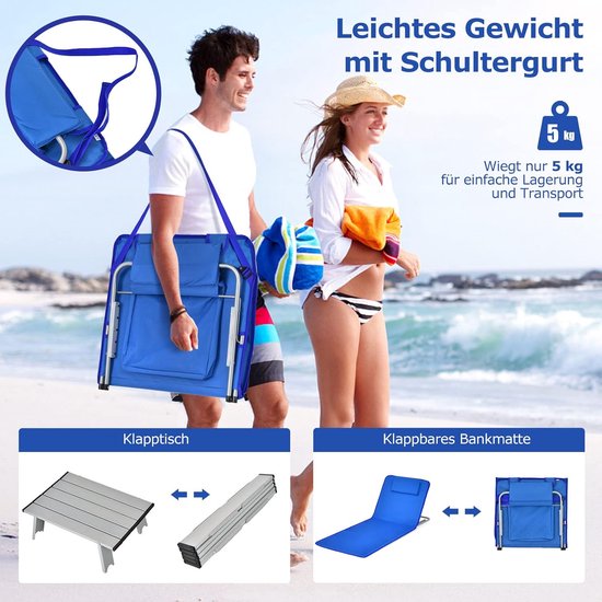COSTWAY Set van 2 strandmatten met bijzettafel, hoofdkussen en opbergvak, ligmat met verstelbare rugleuning, opvouwbare zonmat, licht, draagbaar, strandstoel voor het strand (blauw) van Costway — afbeelding 2