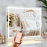 Mirlux Hollywood Spiegel 80x60CM - 2 Bluetooth Speakers - USB & USB-C Oplaadporten - LED Verlichting - Make Up Spiegel - 10x Zoom - Ophangbaar - Wit