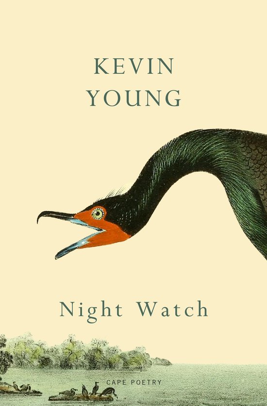 Boek 'Night Watch' van Kevin Young. Cover met een illustratie van een zwarte vogel met oranje en blauwe snavel, tegen een lichtgele achtergrond.