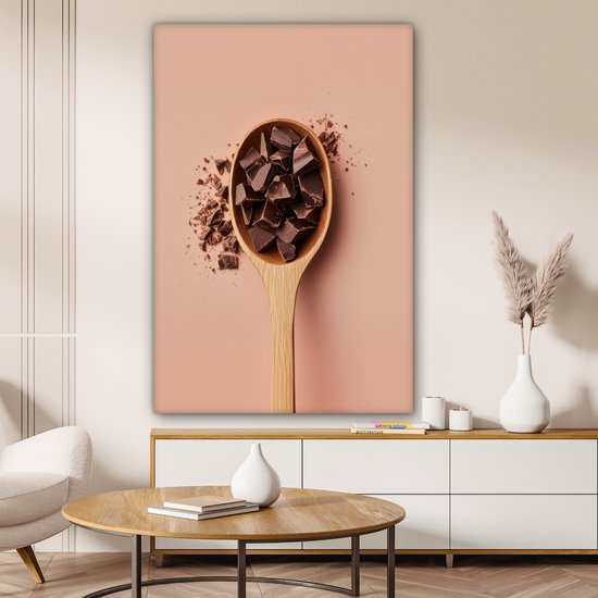 Canvas schilderij 80x120 cm - Exclusieve wanddecoratie Chocola - Hout - Lepel - Muurdecoratie woonkamer - Slaapkamer decoratie - Kamer accessoires - Schilderijen op canvas