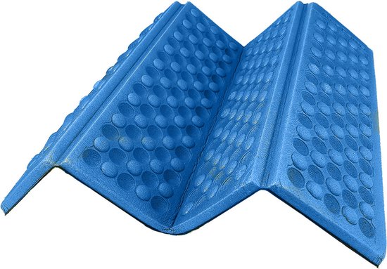 Blauw opvouwbaar schuimzitkussen met honingraatmotief, opengeklapt in zigzagvorm.