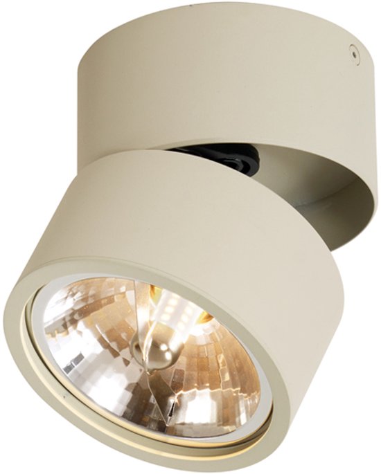 Un spot de plafond orientable beige avec un corps rond, sur fond blanc.