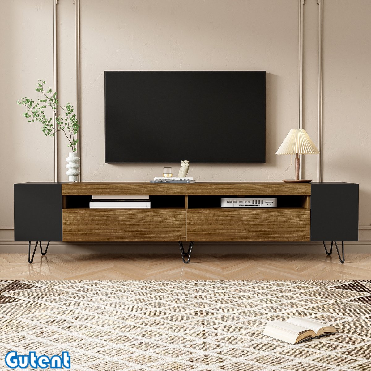 Gutent Moderne TV-standaard-Zwart-Houten look-Lengte 180 cm zwart + hout