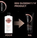 De gauche à droite : bouteille blanche Syoss Keratin conditioner, flèche, tube noir Syoss Intense Keratin.